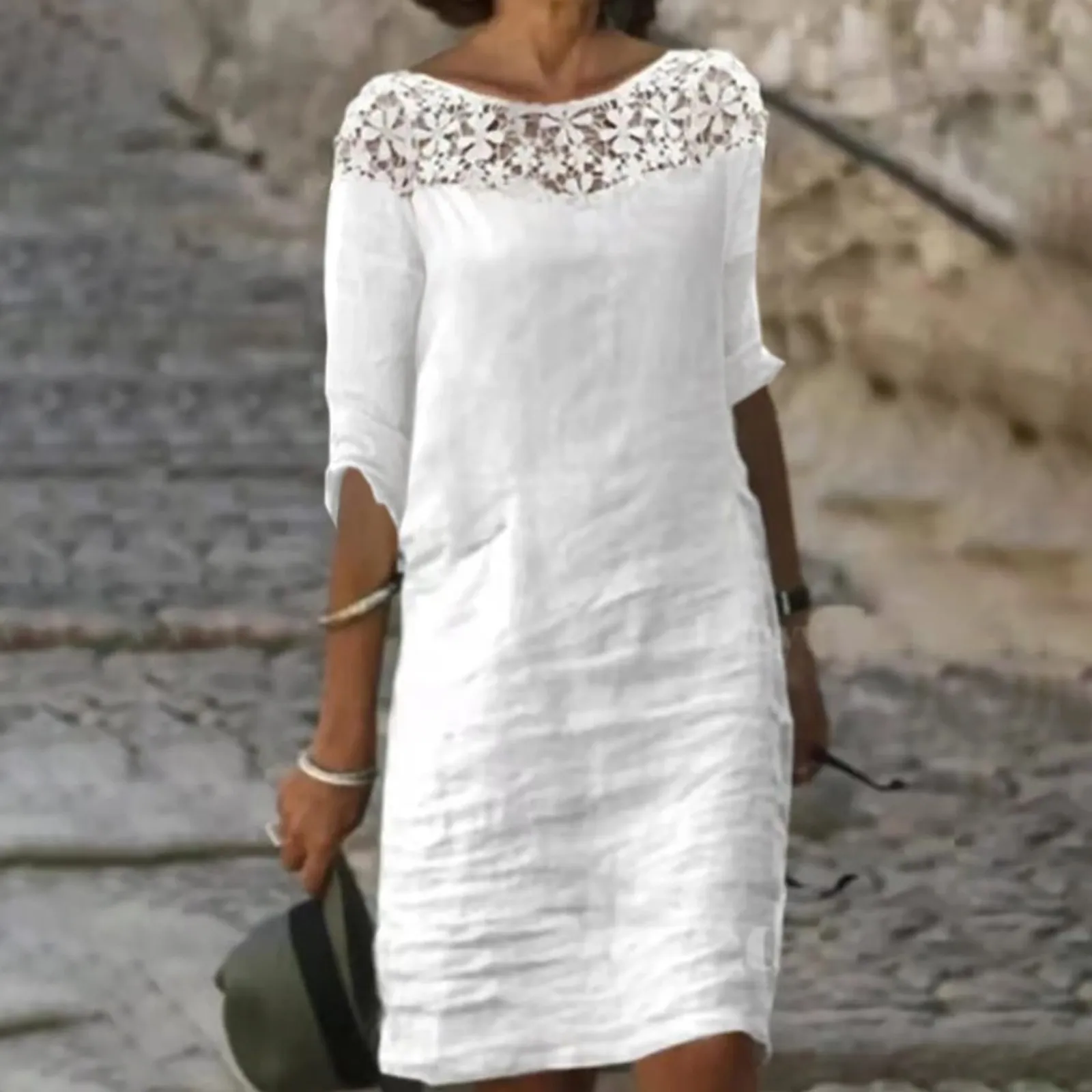 Women Sexy Dress White Hollow Lace Dress Short Sleeve Loose Midi Dresses 2023 Summer Casual Women's Casual Dress Vestidos Robe - Image 3