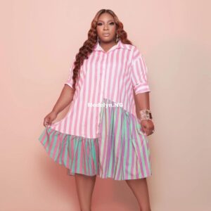 Tie Dye Plus Size Midi Striped Shirt Skirt For Female Multicolor Panel Printed Woman Summer Straight Blous Dress Elegant